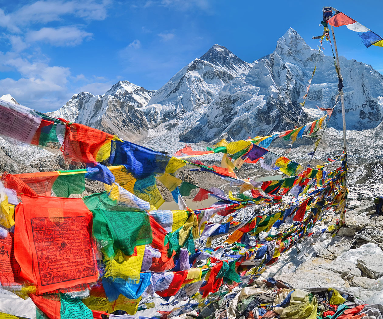View of Mount Everest and Nuptse with buddhist prayer flags fro